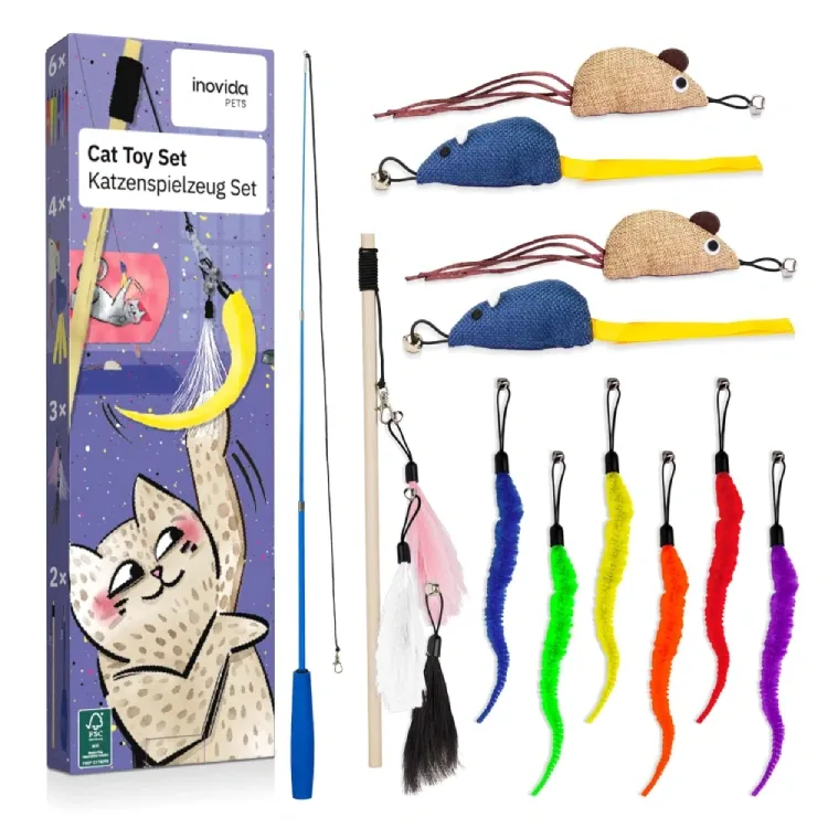 Inovida Katzenspielzeug Set – 15-teilig, vegan, mit Katzenminze